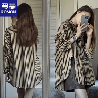 Romon salt style brown striped shirt women's spring retro design lapel stacked shirt casual long-sleeved top khaki striped shirt s