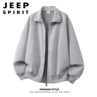 Jeep spirit american solid color heavyweight stand-up collar cardigan 2026 new sweatshirt men's spring loose couple sports coat jacket hemp gray m