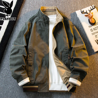 Playboy retro stand collar hunting jacket men's spring and autumn trendy men's casual reversible jacket men's autumn wear military green/khaki 2xl