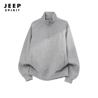 Jeep spirit american casual half-zip stand-up collar sweatshirt men's spring heavy loose silhouette youth sports coat base light gray m