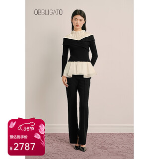 Obbligato olegato spring pleated stand-up collar beaded contrast patchwork sweater black sweater m