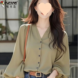 Woodpecker (tucano) french style long-sleeved shirt for women 2026 early autumn new style unique and beautiful collared chiffon shirt top for women green m 80-105