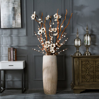 Modern simple light color soft decoration jingdezhen ceramic floor-standing vase living room flower arrangement dried flower large decorative ornaments bark pattern 60cm + sunflower set