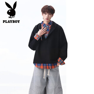 Playboy (playboy) heavyweight waffle sweatshirt men's fake two-piece hooded sweatshirt men's spring and autumn new handsome american high street suit men 2602-black m
