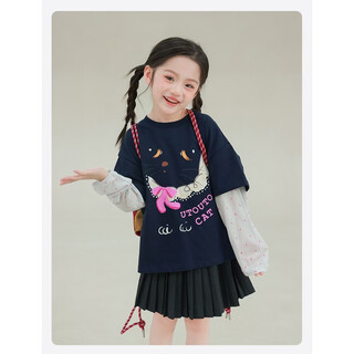 Utouto big ear elephant girls' polka dot sleeve printed t-shirt 2026 spring new baoer fake two-piece casual long-sleeved top navy blue pre-sale second batch around late march 80