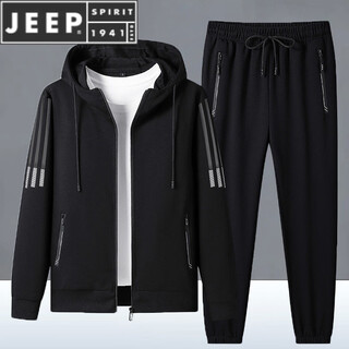 Jeep spirit sports suit for men spring and autumn pure cotton new casual hooded cardigan large size sweatshirt running suit two-piece set black leg set public version a651-235 l 90-110jin jin is equal to 0.5 kg