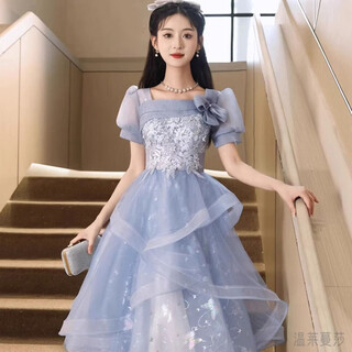 Wenlai mansha dress, high-end light luxury niche evening dress, high-end adult ceremony dress, host can usually wear art exam dress, blue mid-length m
