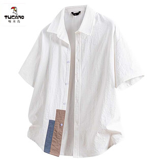 Woodpecker design short-sleeved shirt men's lapel loose casual trendy color-blocked shirt summer and autumn long-sleeved top 25-4214 white short-sleeved style s recommended 80-105jin jin equals 0.5 kg