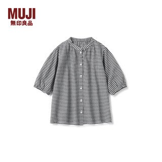 Muji big children's strong twist three-quarter sleeve tunic children's shirt girls children's clothing 25 summer black plaid 130 /64a