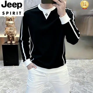 Jeep spirit european station men's round neck striped sweatshirt 2026 new spring and autumn color matching long-sleeved versatile casual tops trendy brand 8693 black xl recommended 130-145 jin jin equals 0.5 kg