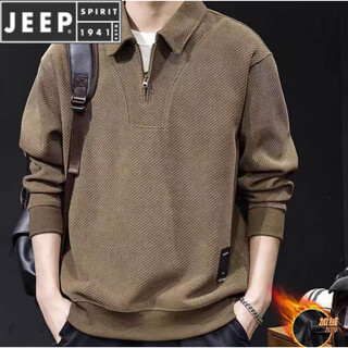 Jeep spirit american half-zip sweatshirt men's spring and autumn style plus velvet long-sleeved bottoming shirt men's lapel top camel plus velvet style m