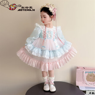 Ultraman girls lolita princess dress little girl spring clothes new children's long-sleeved puff skirt baby girl spring and autumn dress powder blue 100 cm