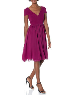 Dress the population women's corey low cut mixed media cap sleeve a-line midi dress, dark magenta medium