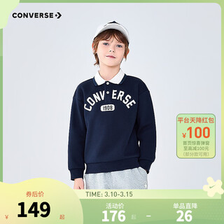 Converse converse long-sleeved polo shirt for boys and girls 2025 new autumn retro printed children's loose and breathable top navy blue 130/64 recommended height 116-122cm