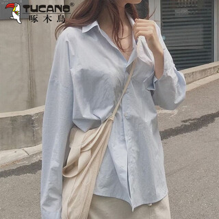 Woodpecker (tucano) small fresh sky blue long-sleeved shirt for women spring and summer korean version loose and slim commuting simple sun protection outer shirt for women sky blue m recommended 95-110jin jin equals 0.5 kg