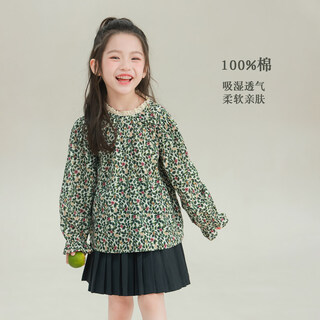 Utouto big ear elephant girls lace collar floral top 2026 spring new baoer pure cotton niche casual loose top dark green spot 80