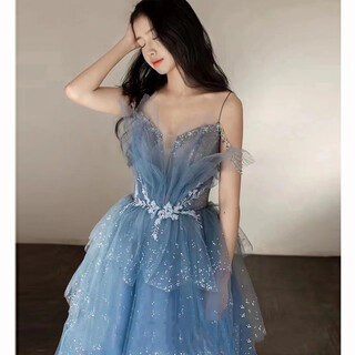 Mofu blue fugitive princess art exam evening dress for women 2026 light luxury host niche adult ceremony dress blue xs