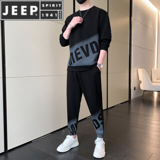 Jeep spirit casual sports suit men's thick t-shirt spring and autumn 2026 new cool and handsome set with matching clothes 0769 black m