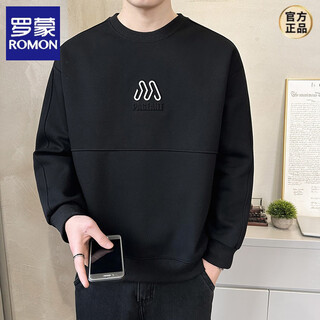 Romon men's sweatshirt new 2026 spring and autumn trendy brand three-dimensional stenciled embossed heavy bottoming shirt round neck long sleeve t-shirt black l