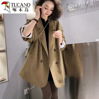 啄木鸟欧货气质休闲西装外套女2026年春秋新款宽松时尚中长版双排扣西服 卡其色 2XL