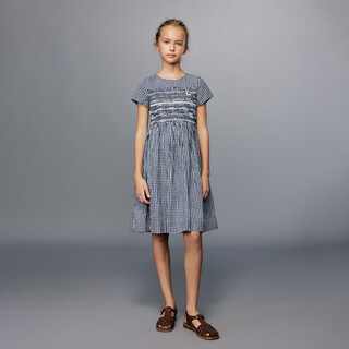 Elle kids children's clothing plaid short-sleeved dress girls summer new shoulder round neck a-line mid-length skirt