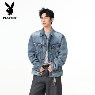 Playboy (playboy) heavy washed double cut line denim jacket men's short three-dimensional profile shoulder pad workwear lapel jacket top blue s