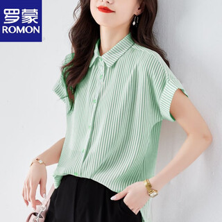 Romon polo collar short-sleeved striped chiffon shirt for women summer new fashion style shirt loose belly cover green s
