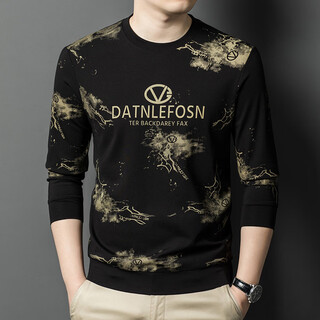 K-boxing men's 2026 spring new round neck printed sweater fashion trend versatile long sleeve t-shirt casual bottoming top black m