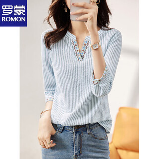 Romon pure cotton shirt for women spring and autumn new three-quarter sleeve striped versatile ethnic style age-reducing design v-neck green s 90-100