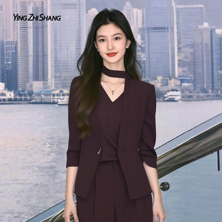 赢智尚淡人高知穿搭一整套2026超火春装三件套无领西装职业套装女 红咖色（西装+背心+裤子） M