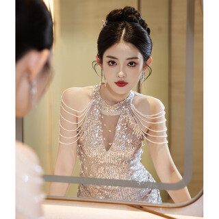 Ukuhpk banquet evening dress 2026 new champagne color halter neck tassel sequin fishtail long skirt annual meeting art examination performance costume silver xs