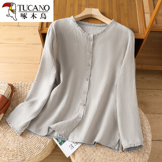 Woodpecker literary solid color cotton hemp ear collar shirt women's spring loose casual large size temperament slim linen bottom hemp color m 90-115jin jin is equal to 0.5 kg