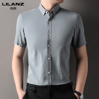 Lilanz summer new men's short-sleeved shirt plaid lapel casual middle-aged dad wear lyocell cotton half-sleeved shirt gray m 48