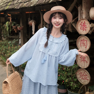 Forest girl tribal sweet style embroidered shirt women's new tassel lace design forest style versatile loose top summer blue top s model code
