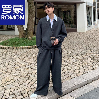 Romon trendy lapel shirt spliced fake two-piece sweatshirt suit for men in spring and autumn korean style casual wide-leg pants with a gray suit m