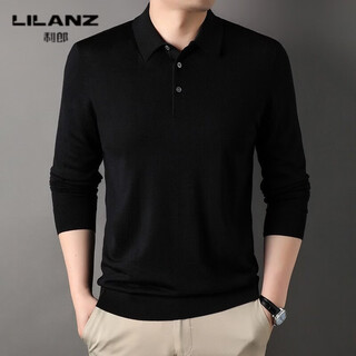 Lilanz spring and autumn new men's pure wool thin cardigan solid color lapel bottoming sweater sweater men's top black thin 14xl (180)