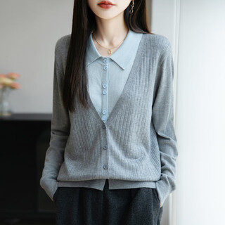 Direct purchase from jingdong. fake two-piece knitted cardigan with fresh wool texture. sweet style sweater for spring 26. gh269 medium gray plus light blue collar m