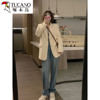 啄木鸟黑色正肩西装外套女小个子2026春秋季新款韩版感炸街休闲西服 奶白色 XS . (斤以下)