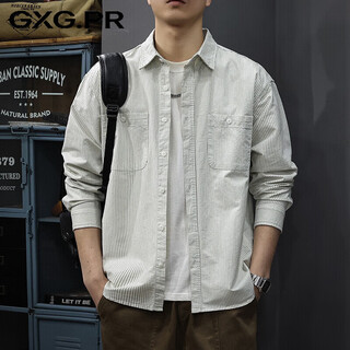 Gxg.pr oxford striped men's shirt 2026 autumn new japanese retro cotton lapel shirt long-sleeved jacket trendy white l suitable weight 120-140jin jin equals 0.5 kg