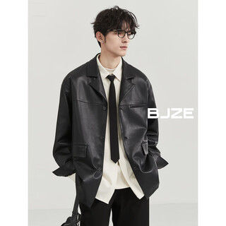 Piaget zall bjze men's autumn high-end suit collar one-hand long leather jacket for boys korean style loose casual commuter jacket jet black 2xl