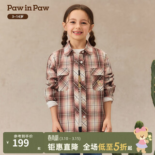 Pawinpaw cartoon bear children's clothing 25th autumn and winter new girls plaid shirt loose, casual and versatile red/20 110
