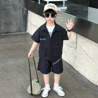 Ultraman boys workwear suit summer 2025 new fashionable cool children's shirt for small and medium-sized children, fashionable baby boy summer clothes short sleeves, black 90 cm