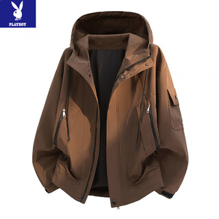 Playboy (playboy) american deconstructed windproof and wear-resistant hooded work jacket for men in spring and autumn trendy brand crisp casual jacket tops 8662 coffee m