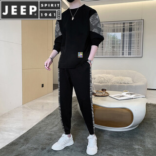Jeep spirit casual sports suit men's spring and autumn trendy loose round neck pullover long-sleeved sweatshirt running two-piece set black 577 m 90-110jin jin equals 0.5 kg