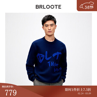 Brloote letter pattern wool sweater men's round neck casual close-fitting shirt warm sweater navy 165/88a