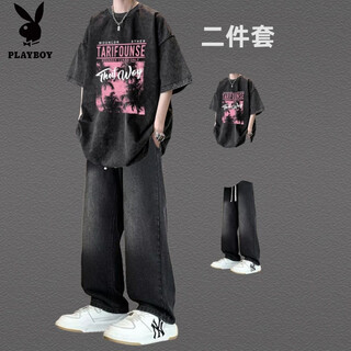 Playboy (playboy) summer washed distressed short-sleeved suit high street trendy t-shirt men's set with handsome jeans two-piece set. washed forest short-sleeved black + jeans black. m high quality original