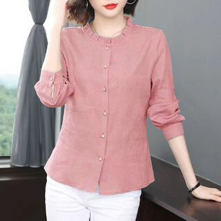 Playboy (playboy) women's high-end shirt cotton and linen women's spring and autumn new mother's shirt western style loose belly-covering stand-up collar long-sleeved cardigan leather red 057# m recommended 75-95jin jin equals 0.5 kg
