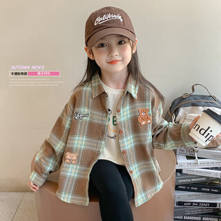 Om bear girls plaid shirt 2026 new spring and autumn baby clothes tops children's spring long-sleeved shirt coffee color 140 cm