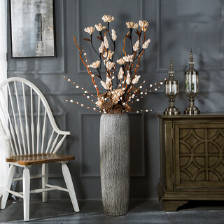 Modern simple light color soft decoration jingdezhen ceramic floor-standing vase living room flower arrangement dried flowers large decorative ornaments vertical pattern brushed 80cm + popcorn set