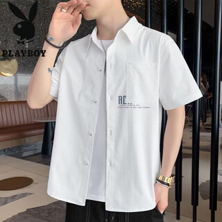 Playboy (playboy) plaid shirt jacket men's spring and summer trendy casual loose men's shirt japanese handsome thin inch shirt top g55 white short-sleeved m suitable for 90-110jin jin equals 0.5 kg